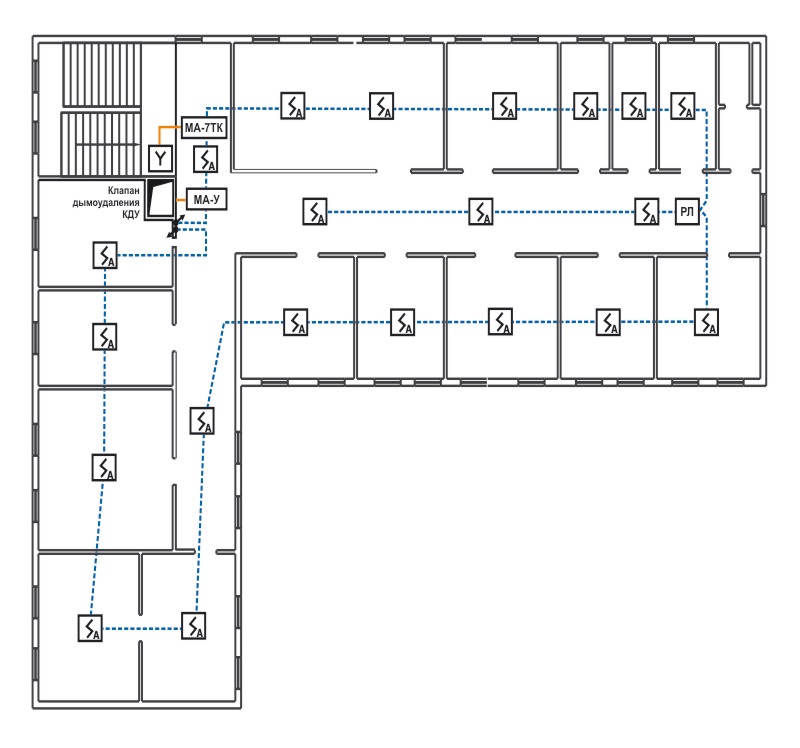 Оборудование офисного здания пожарной сигнализацией и автоматикой незадымляемости с
   применением адресно-аналоговых извещателей