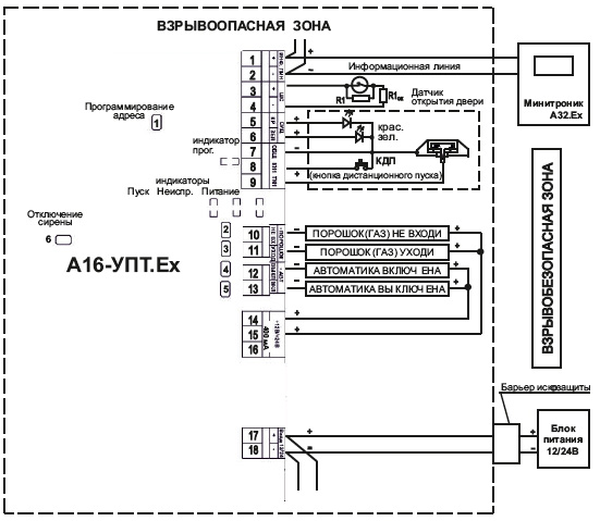 Схема подключения устройств оповещения к модулю УПТ